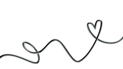 Metallic squiggle line 3D shape isolated. Futuristic chrome wriggling line banner with heart symbol, abstract tangled curve