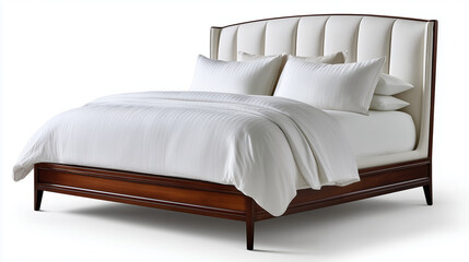  luxury villa king size bed featuring a refined upholstered curved silhouette headboard with soft vertical paneling and clean, tailored edges. Solid dark walnut wood