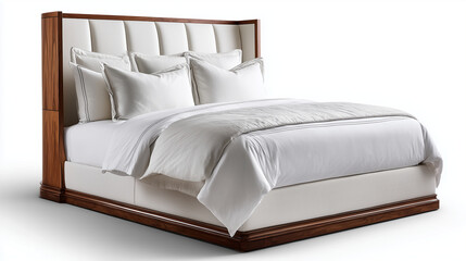 style luxury villa king size bed featuring a refined upholstered curved silhouette headboard with soft vertical paneling and clean, tailored edges. Solid dark walnut wood