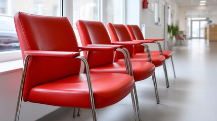 Empty hospital waiting room, clean chairs, bright interior, healthcare stock photo,commercial stock photography style, generic and non-identifiable subjects, no logos, no trademark