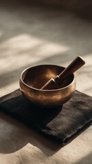 Elegant tibetan singing bowl with wooden mallet on fabric mat, ideal for mindfulness, meditation, prayer, and wellness-themed commercial projects, featuring tibetan bowl