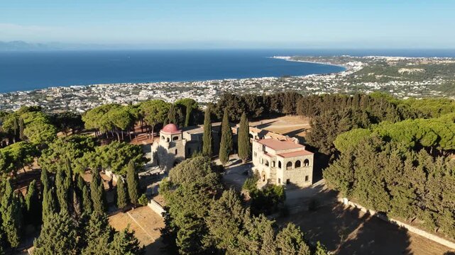 Aerial views of Filerimos Monastery on Rhodes Island Greece offer beautiful scenery and historical sites