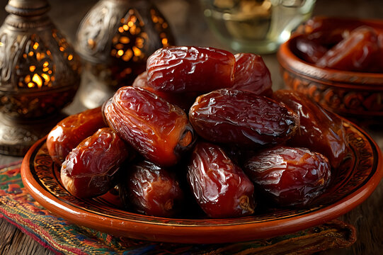 Dates or dattes palm fruit in wooden bowl is snack healthy, Set of various dates in bowl, Different kind of raw date fruit ready to eat, concrete background, Traditional, delicious and healthy ramadan