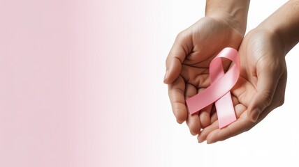 Cancer awareness concept with hands holding pink ribbon on soft background healthcare support theme, copy space