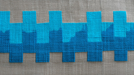 contemporary Nepali-inspired handwoven fabric, abstract stepped geometric pattern, vibrant blue-turquoise color, prussian blue linen base, flat weave upholstery textile, minimal et