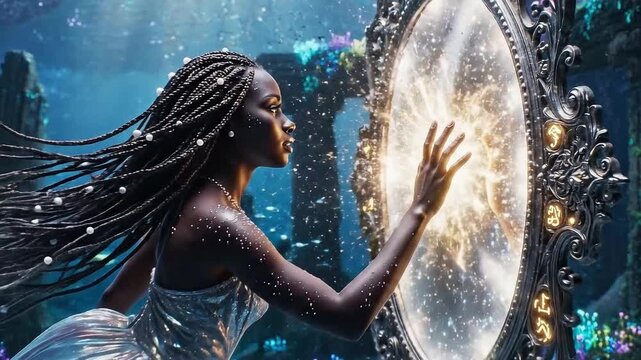Mermaid touches magical underwater mirror with ornate frame in ocean scene