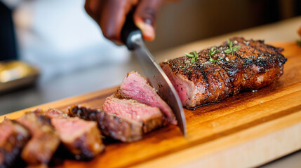photo of a slab of medium rare cooked ribeye being thinly sliced by a chef,