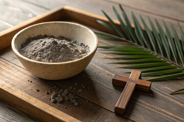 Bowl of Burned Palm Ashes with Wooden Cross Nearby