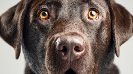 Portrait of a chocolate brown dog with expressive amber eyes looking attentively against a neutral background in high detail and sharp focus