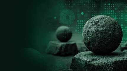 Two ancient stone spheres sit on stone bases in a digital landscape filled with data points and patterns.