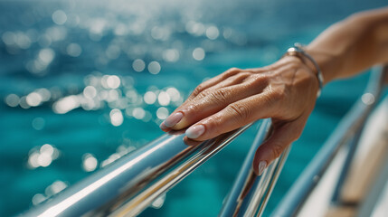 Close-up of faceless hands holding the stainless steel railing of a yacht, turquoise ocean water sparkling in the background, high-end vacation, sharp focus on the polished metal a