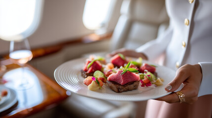 Close-up of faceless hands of a flight attendant serving a gourmet meal on a fine china plate inside a private jet, polished wood table, luxury service, sharp focus on the food and
