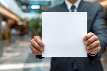 Professional businessman in suit holding blank white paper sheet with both hands presenting empty space for text or message in office lobby area