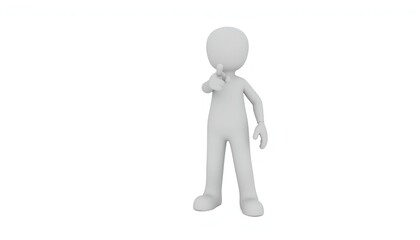 A 3D cartoon character stands thoughtfully with a finger on its chin in a plain white background