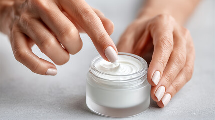 Close-up of faceless hands with a perfect manicure dipping a finger into a thick, luxurious white face cream in a frosted glass jar, soft morning light, quiet luxury skincare, shar