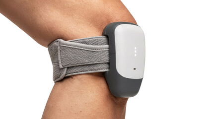 Closeup of a wearable knee motion sensor secured around the knee designed for precise tracking of joint movement during sports rehabilitation exercises on a white background.
