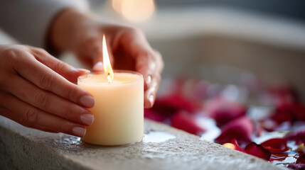 Faceless shot: hands lighting a luxury scented candle next to a stone bathtub, rose petals in water, romantic spa atmosphere, soft warm light, sharp focus on the flame and candle w