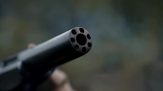 Close up shot of a firearm being discharged, showcasing muzzle flash and smoke effects