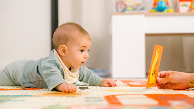 Baby engaging with educational flashcard on floor