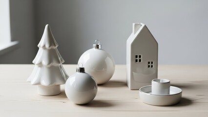 White ceramic Christmas decorations on wooden table