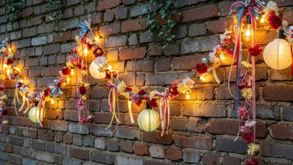 Vibrant floral garland with glowing lanterns on brick wall