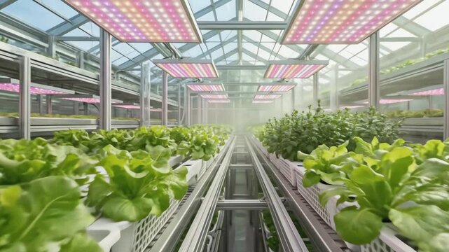 Modern vertical farming system with rows of fresh lettuce and basil under led grow lights