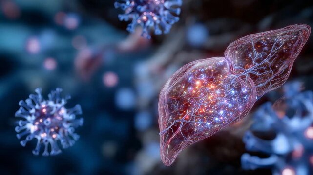 179Medical art visualization of liver disease, detailed hepatocytes under viral attack, tissue inflammation glowing subtly, pathogen particles intricately detailed, emphasizing cellul