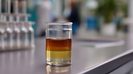 A science beaker holds a clear liquid solution separated into distinct yellow and brown layers on a laboratory bench