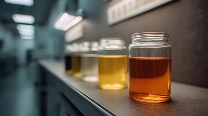 A row of glass jars filled with liquids of different colors sits on a laboratory shelf showcasing samples for analysis