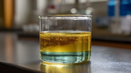 Clear glass beaker showcases distinct layers of immiscible yellow and blue liquids with suspended bubbles