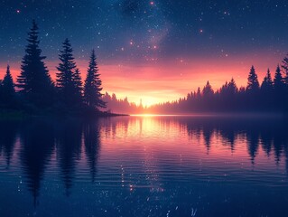 Fototapeta premium Sunset over a lake under the starry sky