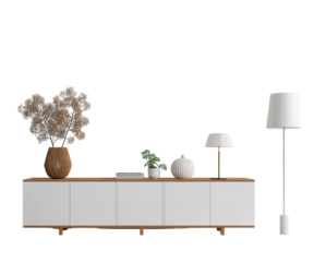 White modern sideboard with floor lamp and decorative items isolated on a transparent background