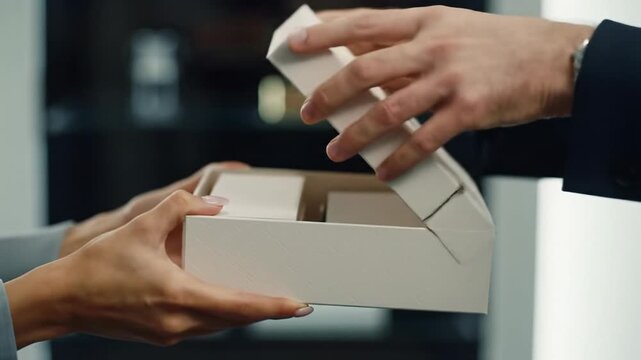 Impeccably manicured hands gracefully present a sleek, minimalist luxury box in an elegant setting, soft bokeh. High-end product appreciation concept