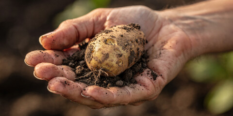 Farmer hand holding fresh potato from soil representing food security and sustainable agriculture. organic harvest brings feeling of satisfaction and pride