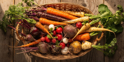 Fresh root vegetables in basket representing food security and sustainable agriculture. harvest of carrot radish and beetroot on rustic wooden background