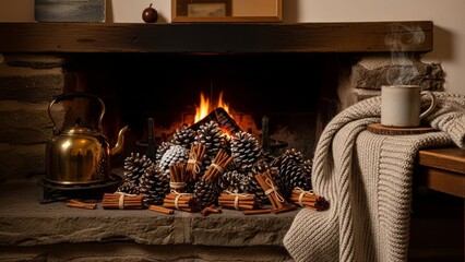 Cozy fireplace with warm fire, pinecones, cinnamon sticks, and steaming mug on a rustic wooden table with a knitted blanket