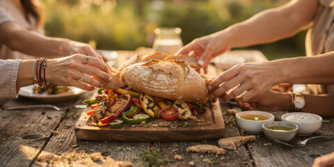 Happy group sharing large rustic meal. This communal food from local agriculture represents sense of togetherness comfort and food security in natural outdoor setting