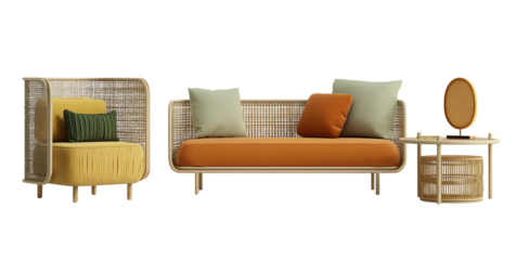 Modern Rattan Sofa And Armchair With Colorful Cushions And Side Table isolated on a transparent background