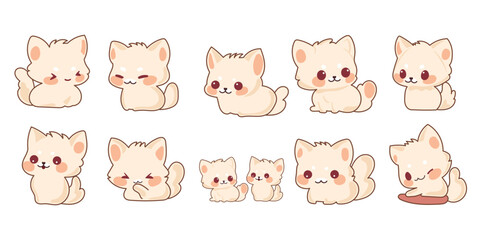 Obraz premium Cartoon Cat Character Icon Set. Funny Cute Domestic Pet Animal Collection. Childish Party Decoration. Adorable Domestic Cat Mascot Drawn Portrait. 