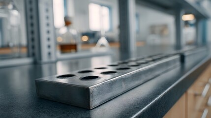 Close up of a metallic laboratory rack with multiple circular holders resting on a dark counter surface with blurred scientific equipment in the