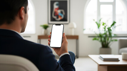 Hand holding mobile phone with blank white screen mockup in modern luxury office interior, professional businessman using smartphone for digital app interface and smart home technology.
