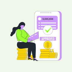 Wallet payments accepted. Woman sitting on top of coin making concept payment.