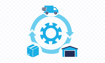 Logistics and supply chain management cycle with truck, warehouse, and package icons representing distribution and operations