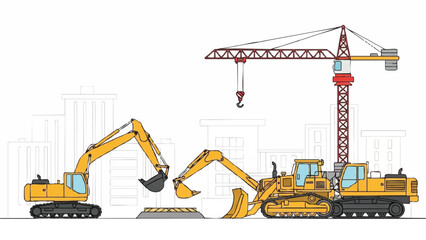 Illustration of heavy construction machinery including an excavator, bulldozer, and crane against a cityscape background with a clean and simple style.