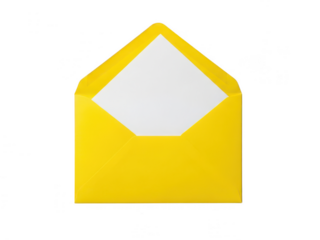 Bright yellow envelope with white paper inside isolated on transparent background