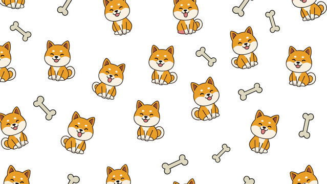 Seamless pattern design featuring cute shiba inu dogs and bone illustrations on a clean white background.