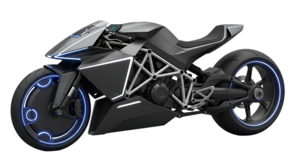 Futuristic motorcycle, with blue neon lights on wheels and frame, cutout, PNG isolated on white or transparent background