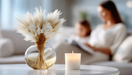 Relaxing family moments, mother reading to daughter at home with decorative dried grass and a lit candle