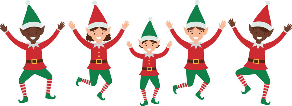 Happy Christmas elves dancing together festive cartoon characters celebrating winter holiday isolated vector illustration