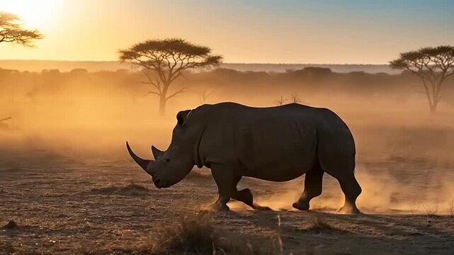 Majestic rhinoceros walking through dusty African savanna at golden hour.